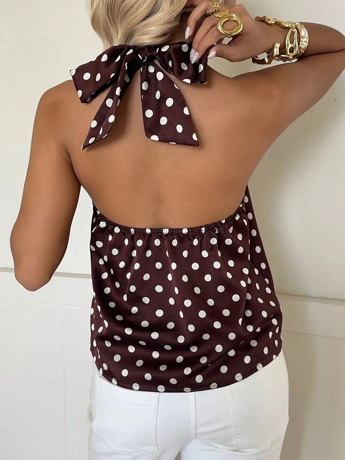 Polka Dot Print Halter Neck Tie-Front Top
