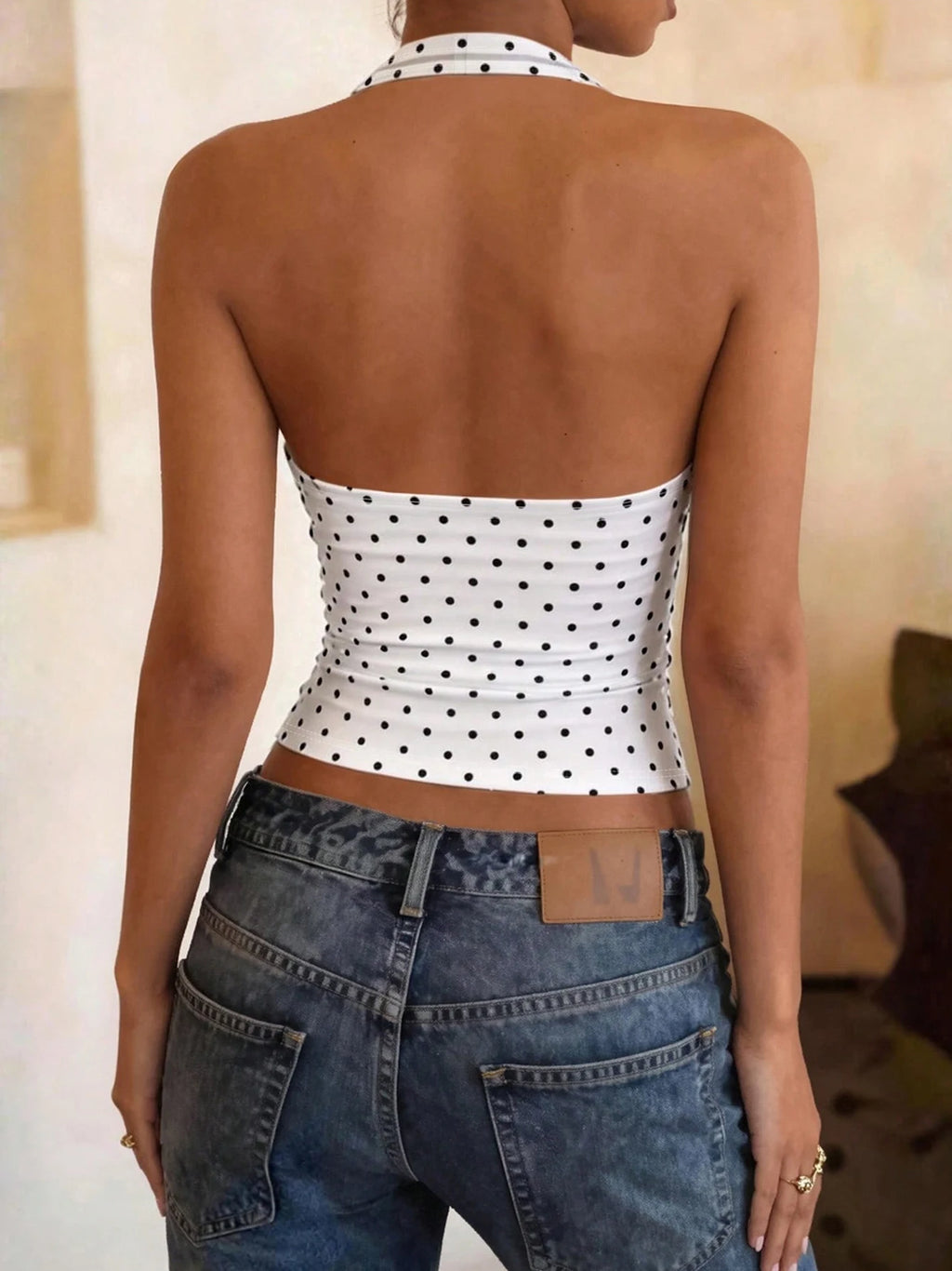 Polka Dot Halter Square-Neck Crop Top