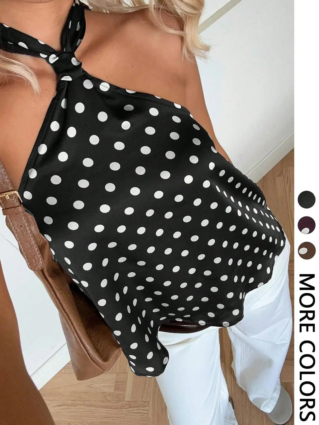 Polka Dot Print Halter Neck Tie-Front Top