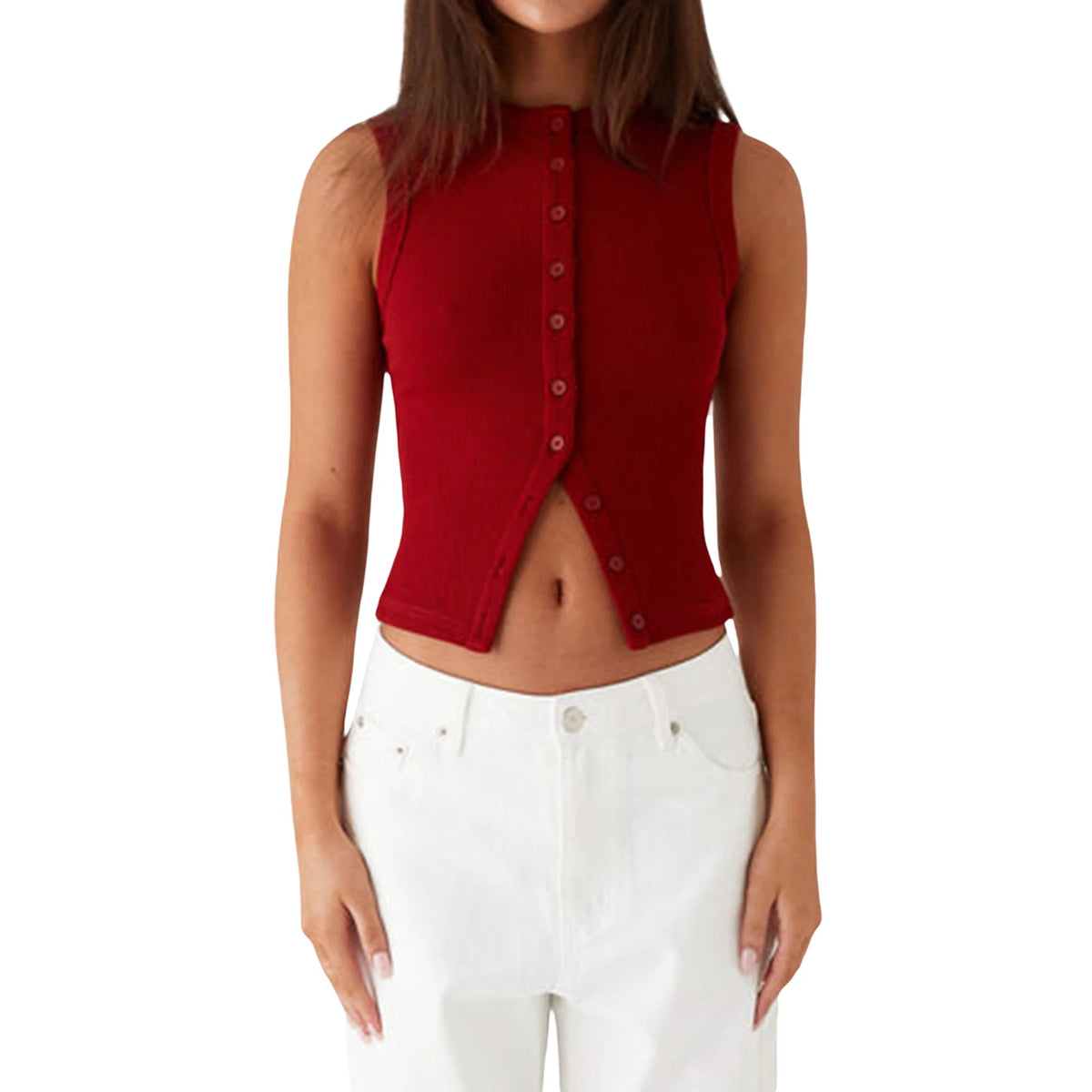 Ribbed Button-Down Crop Tank Top