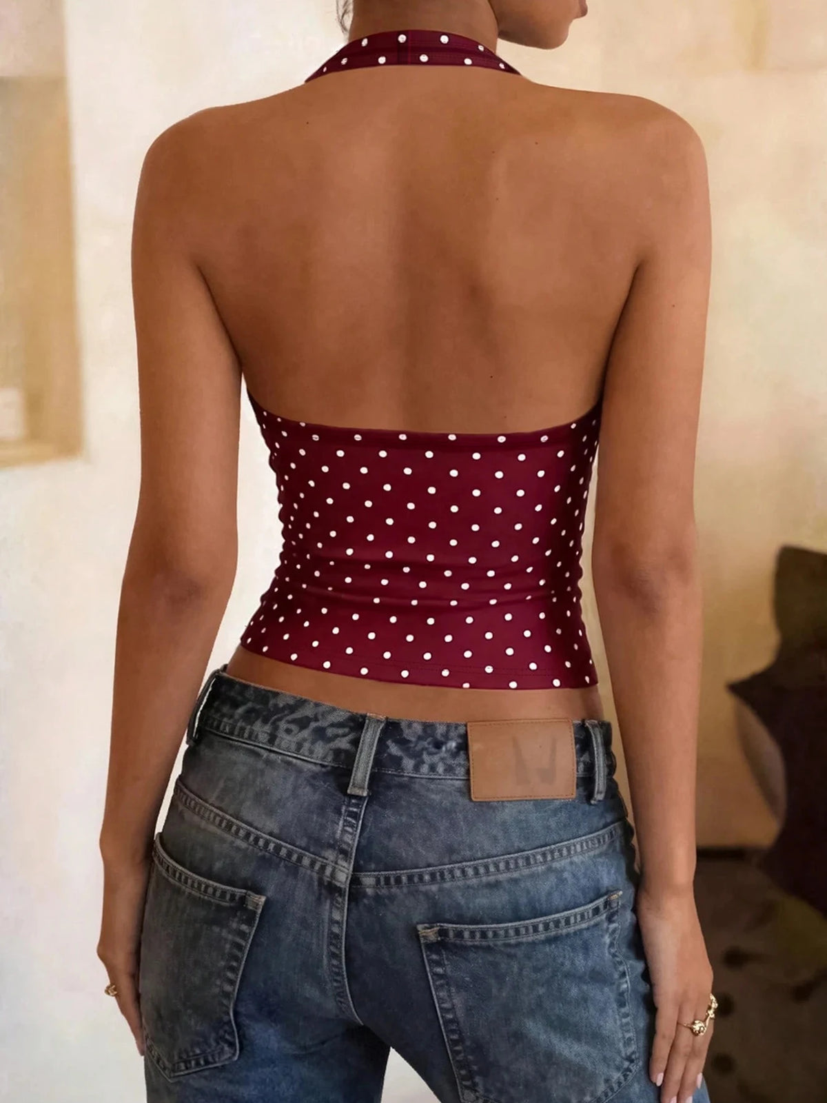 Polka Dot Halter Square-Neck Crop Top