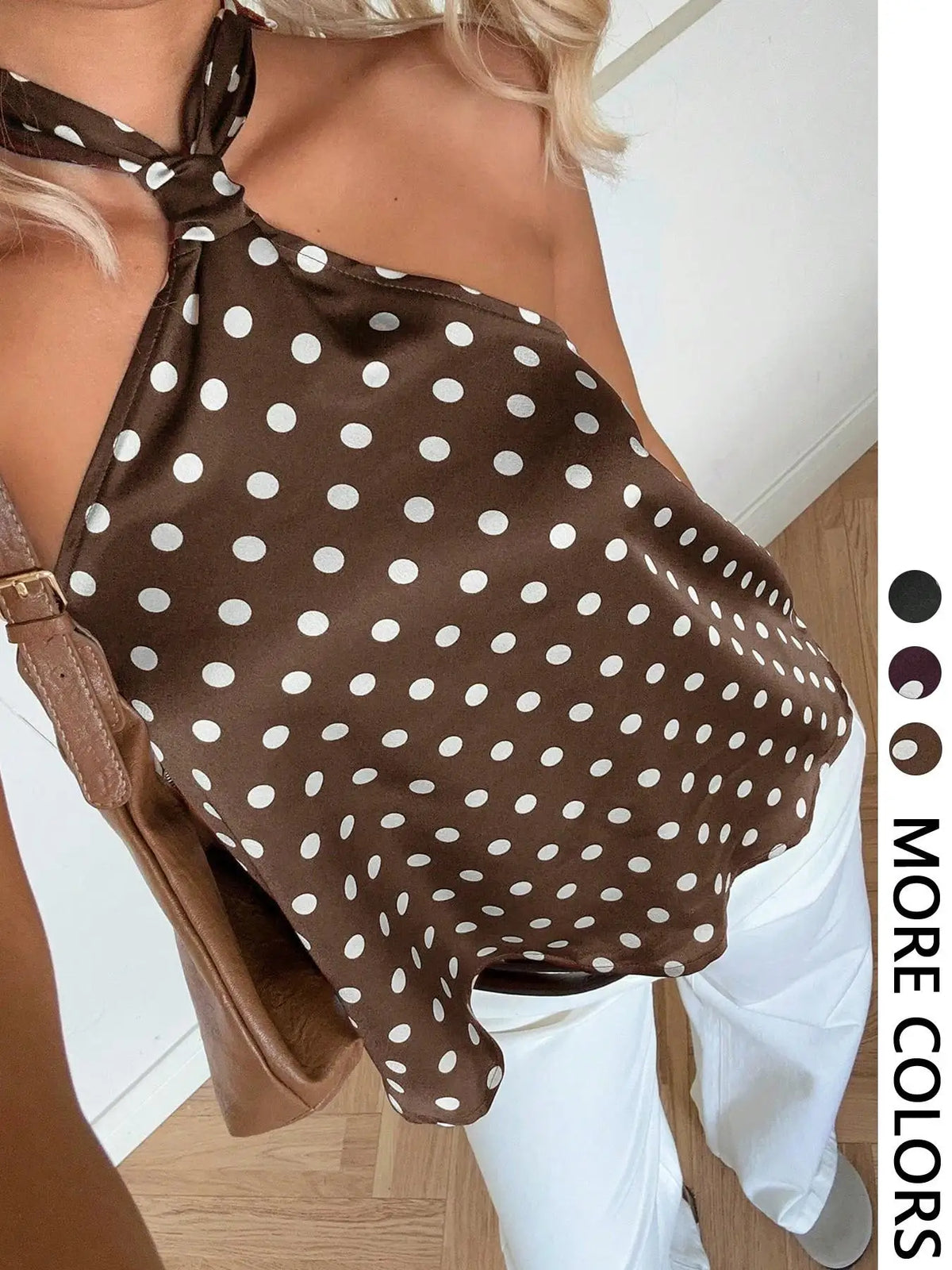 Polka Dot Print Halter Neck Tie-Front Top