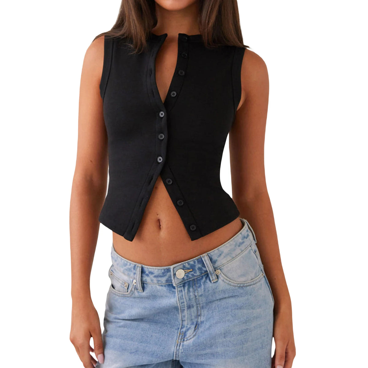 Ribbed Button-Down Crop Tank Top
