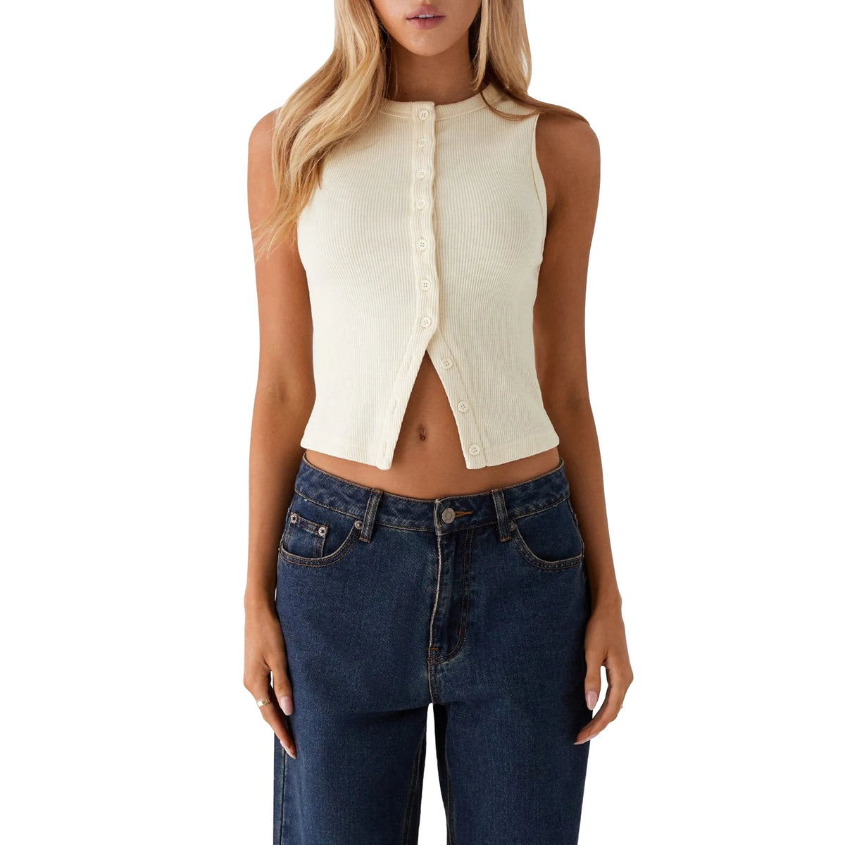 Ribbed Button-Down Crop Tank Top