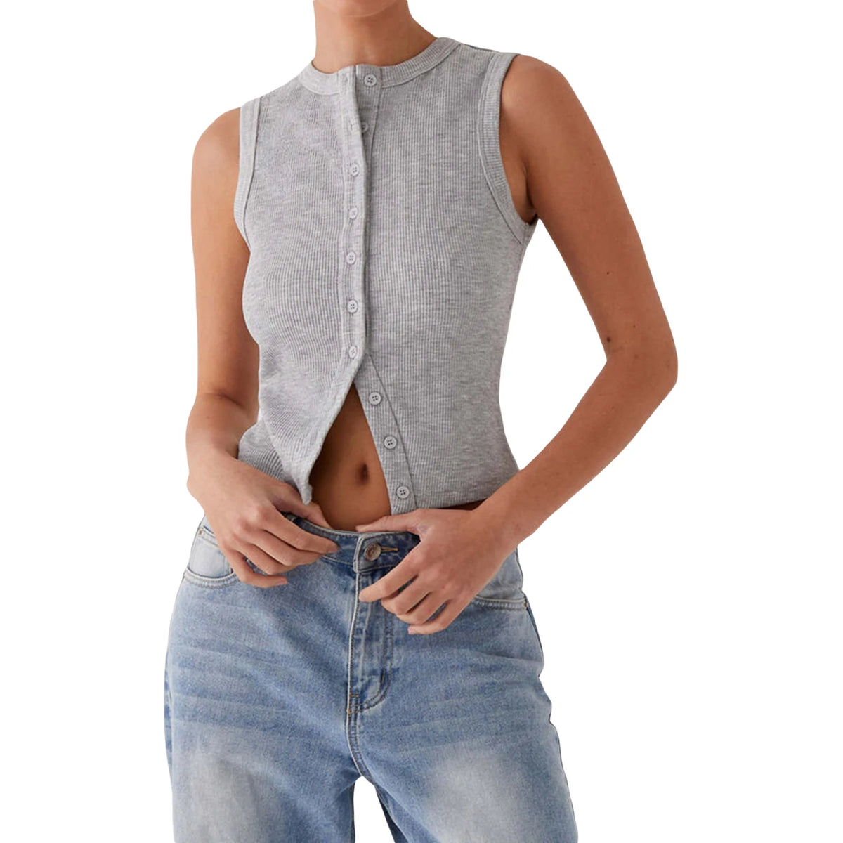 Ribbed Button-Down Crop Tank Top