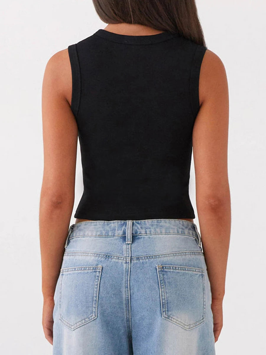 Ribbed Button-Down Crop Tank Top