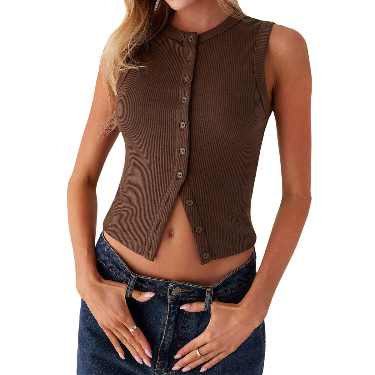 Ribbed Button-Down Crop Tank Top